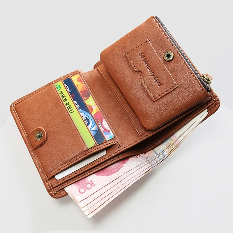 Естествена кожа портфейл за мъже мъжки телешка лукс реколта мъжки кратко bifold чантата притежателя карта с цип монета джоб пари чанта