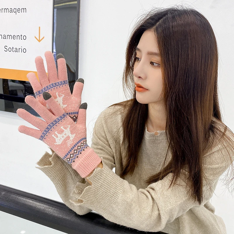 Жени Мъже Топла зима сензорен екран ръкавици Stretch плета ръкавици вълна пълен пръст Guantes женски плетене на една кука ръкавици