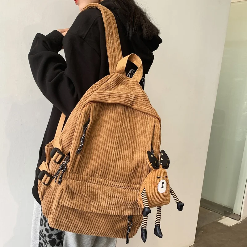 Жени рипсено кадифе раница Каки SchoolBag сладък тийнейджърката момичета Harajuku женски чанта студент дама книга пакет нова мода