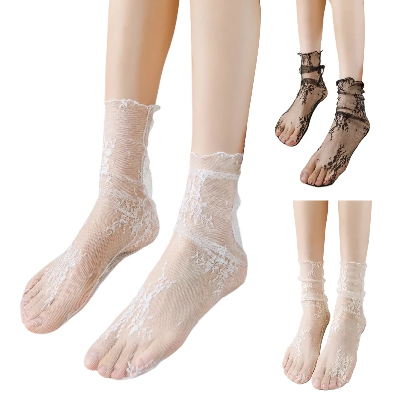 Жените Sweet Mesh глезена чорапи японски флорални дантела жакард хлабав набори ултра-тънък принцеса трикотаж 37JB