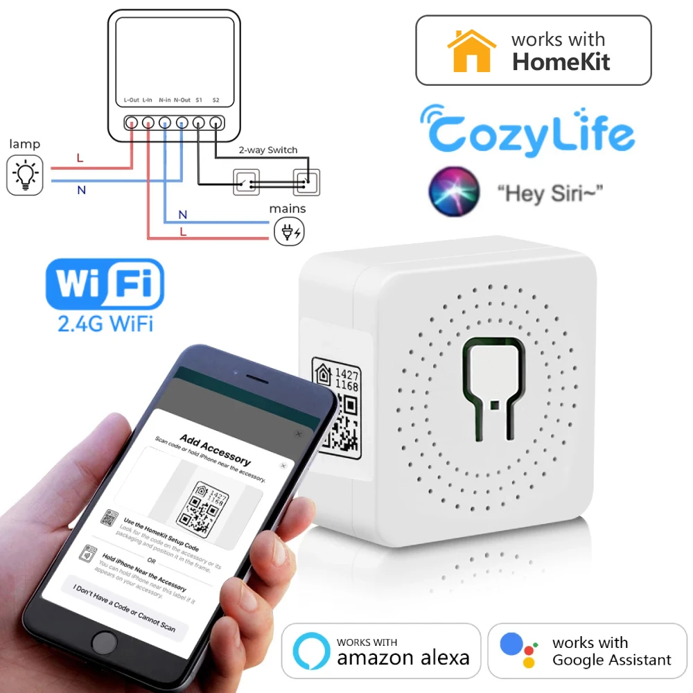 За HomeKit WiFi интелигентен превключвател модул 16A 2-начин контрол мини прекъсвач домакински уреди таймер работи със Siri Alexa Google Cozylife
