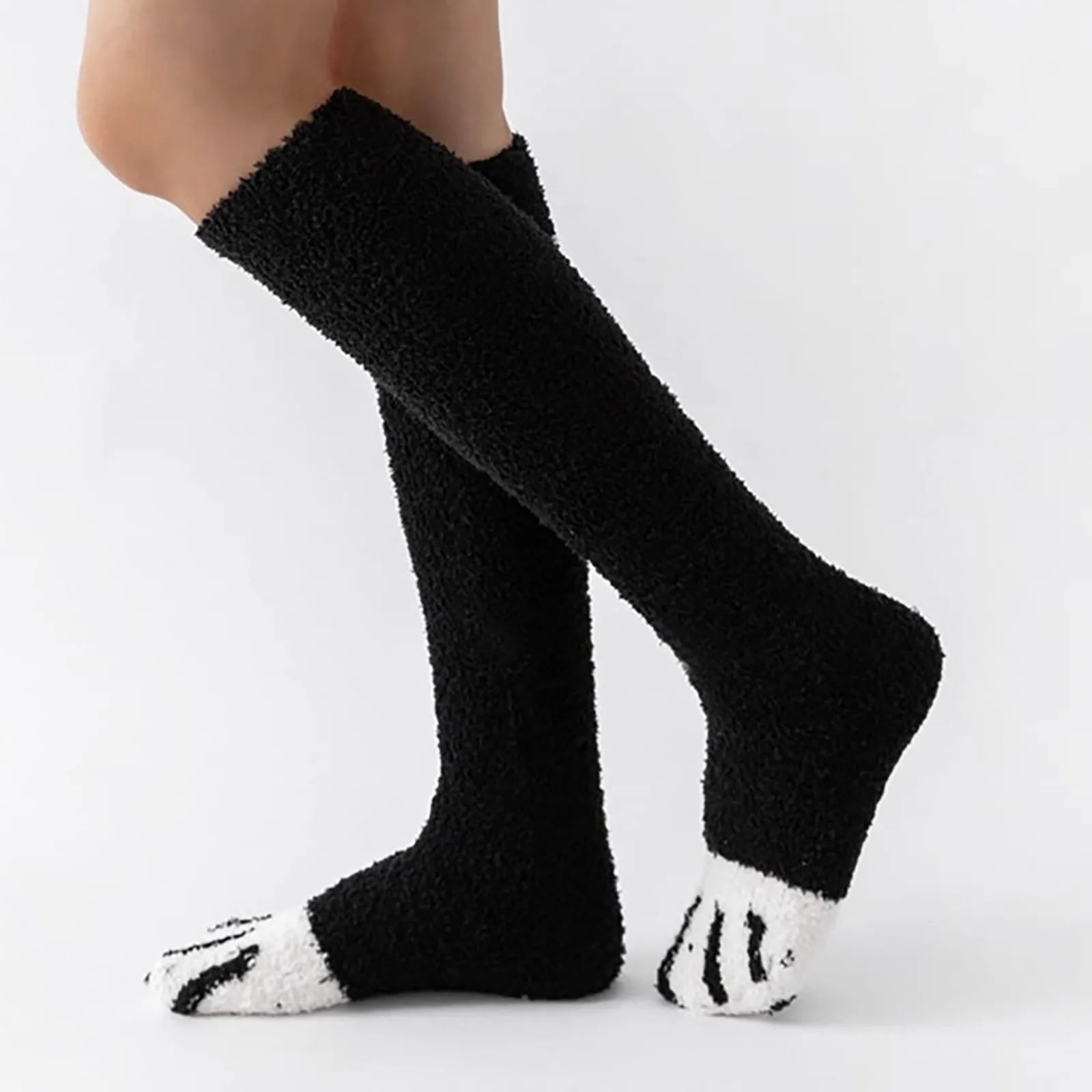 Зима Kawaii корал кадифе момичета чорапи коляното високи чорапи котка ивица модел удебеляване за топлина чорапи за жени