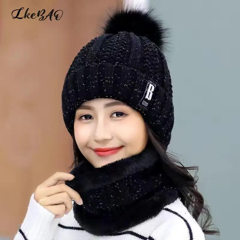 Зимен плетен шал шапка комплект дебели топли черепи шапки шапки за жени открит колоездене езда ски капак шапки