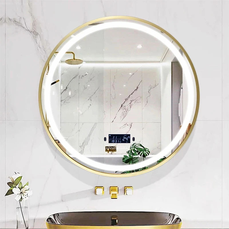 Златна граница кръг LED интелигентно огледало за баня с Bluetooth индукция на тялото Defogging 3 цветна светлина многофункционални огледала за грим