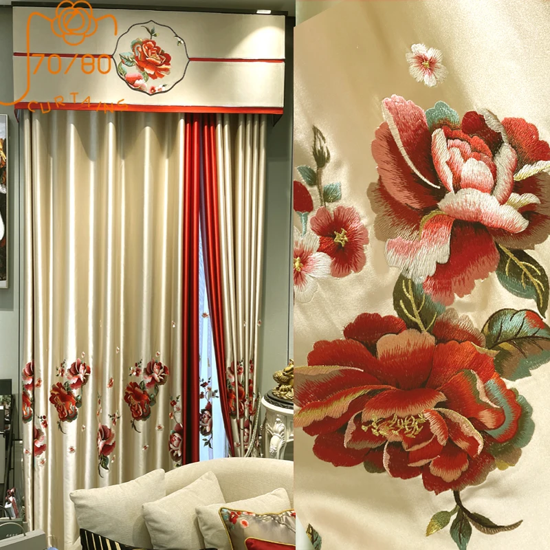 китайски стил бродирани прозорец екран крем червени снаждане завеси за хол спалня вила проучване завършен персонализиране