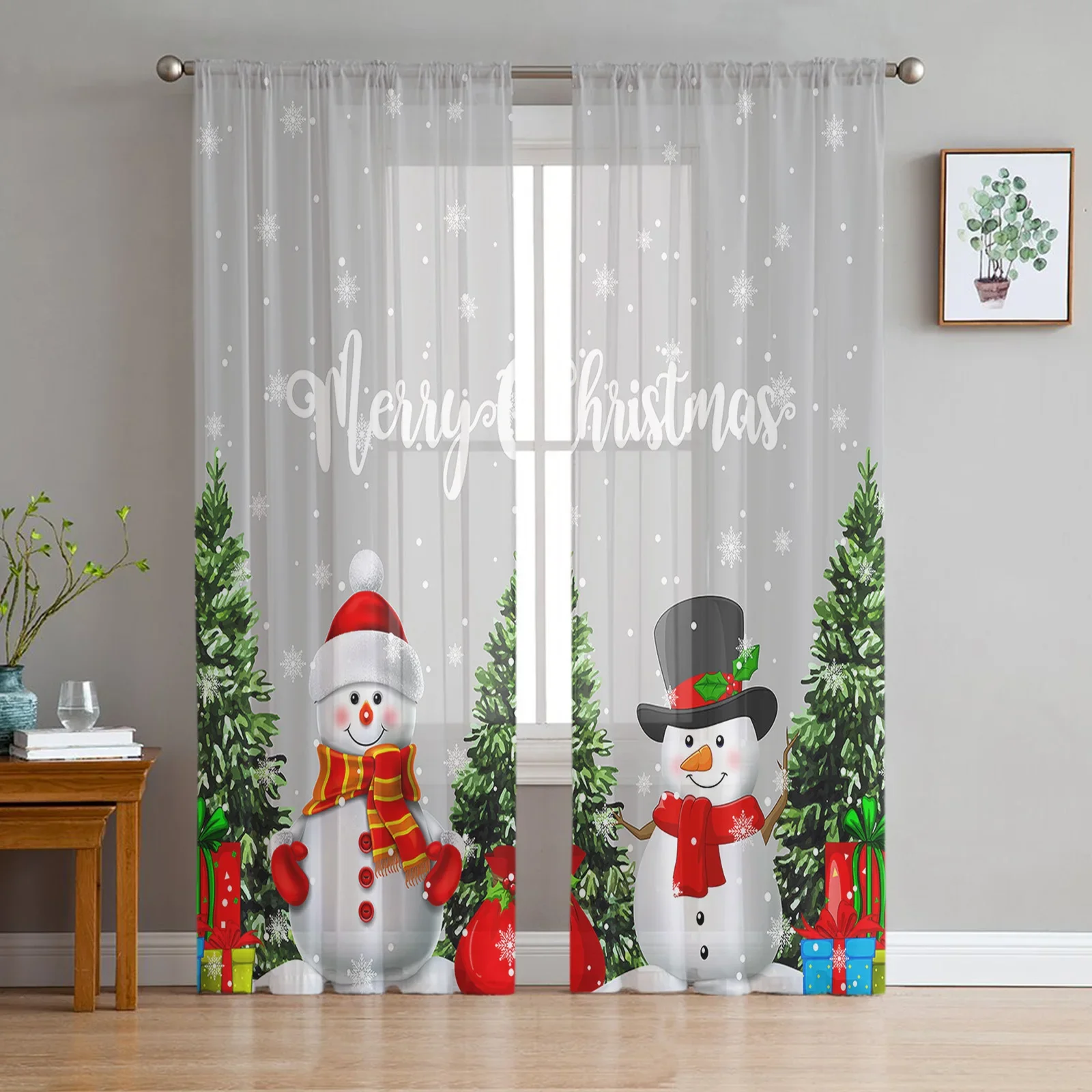 Коледа снежен човек коледно дърво прежда завеса прозорец тюл завеси за хол кухня прозорец отвесни завеси