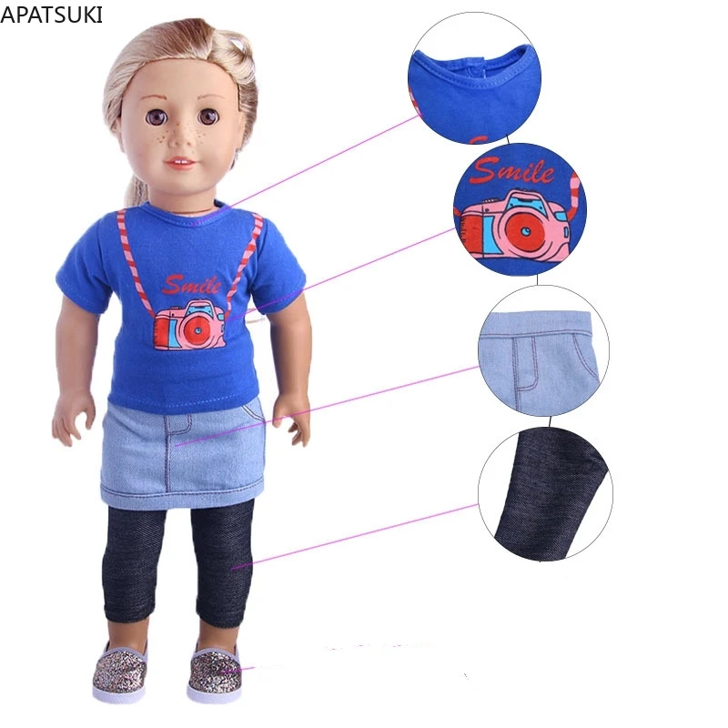 Комплект за сини модни дрехи за 18in. Американски кукла екипировки камера тениска пола гамаши за 43 см бебешки кукли аксесоари 1/4