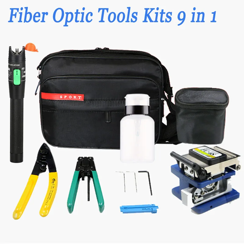 Комплекти за оптични инструменти 9 в 1 FTTH Оптична чанта за инструменти + Fiber Stripper + FC-6S Fiber Cleaver + Miller + 30KM VFL
