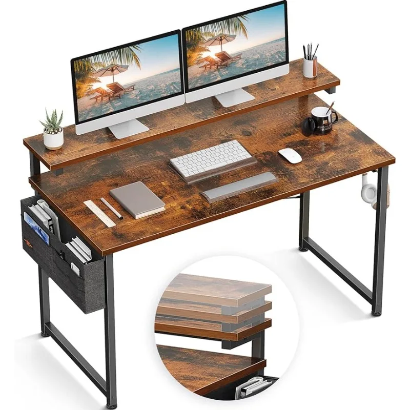 Компютърно бюро с регулируеми рафтове за монитори, 48 инчово бюро за домашен офис със стойка за монитор, бюро за писане, рустикално кафяво