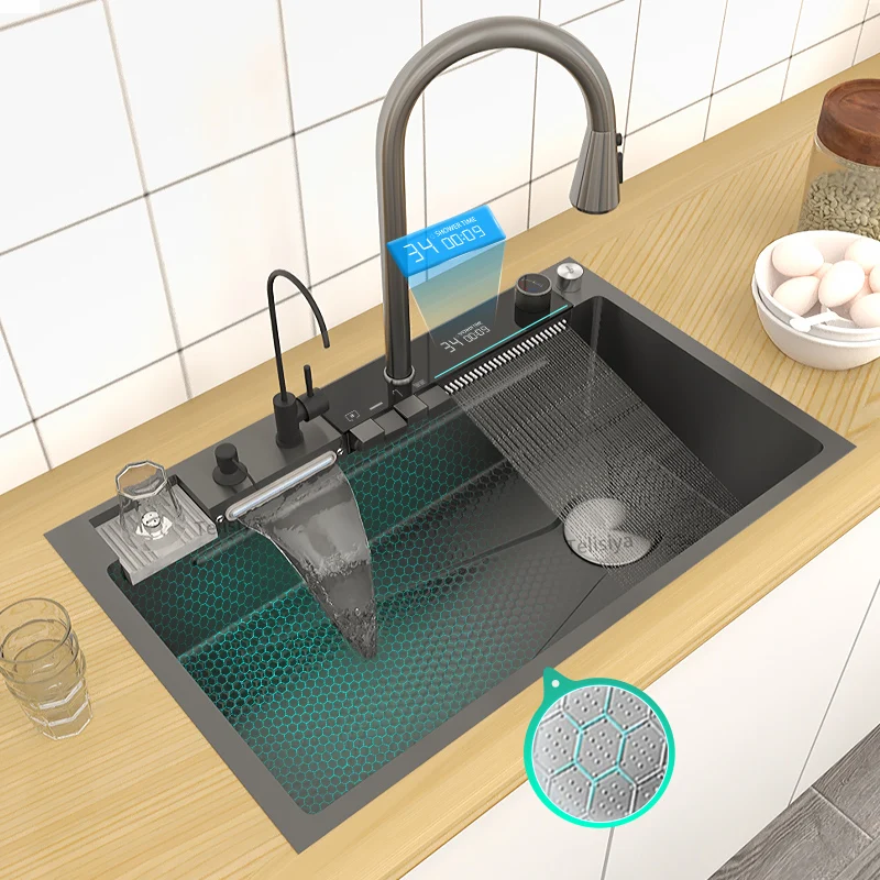  Кухненска мивка от неръждаема стомана Двоен водопад Интегриран цифров дисплей Фосет Релефен умивалник за кухня