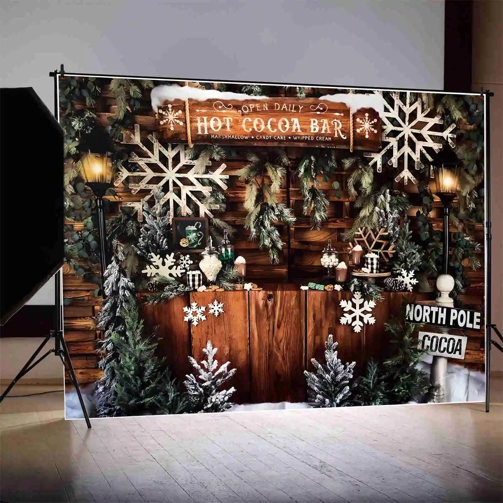 ЛУНА. QG фотография фон Коледа борова снежинка количка бар декорация подпори фон дървена дъска стенни лампи фото кабина