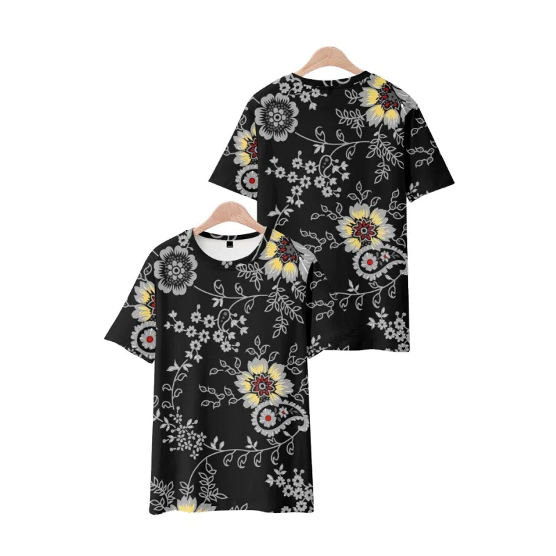 Лятна мода цвете отпечатани черен къс ръкав O-образно деколте тениска мъже жени ежедневни streetwear универсален хип-хоп топ тройници