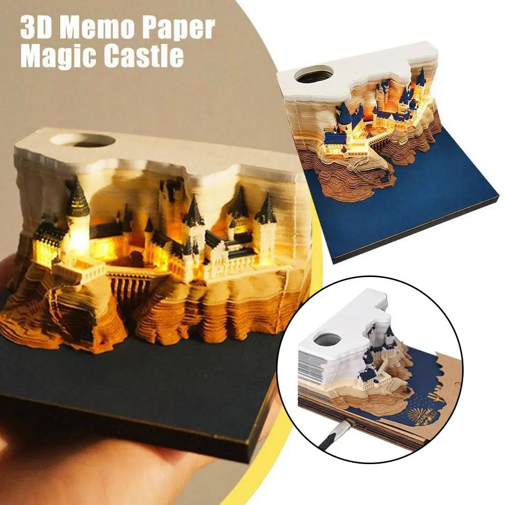 Магически замък 3D бележник 2024 Календар Memo Pad Block Бележки Хартиена бележка за дизайн Хартиени канцеларски аксесоари Новост подарък със светлина