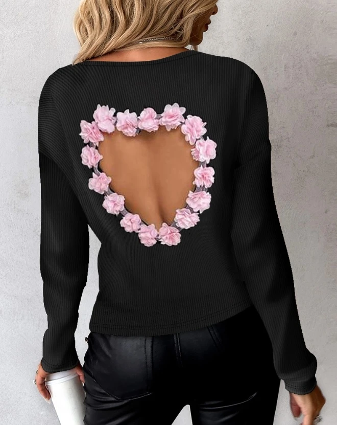 Мода 2024 Нови жени елегантен чай върховете флорални модел кухи гръб сърце оребрени топ случайни наклонена черта врата дълъг ръкав риза отгоре