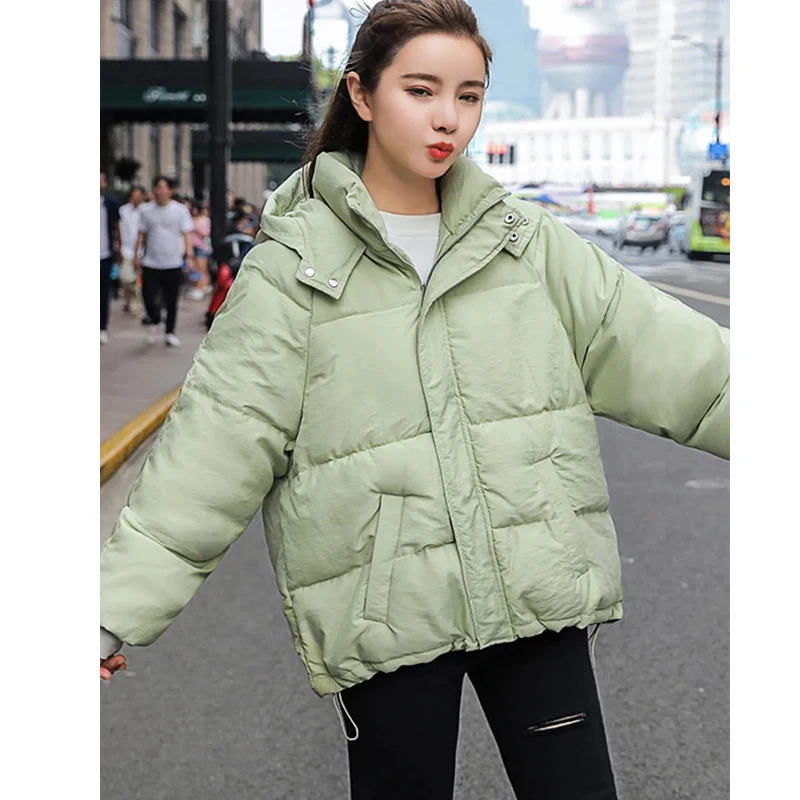 Мода зимни качулати пуфър яке жени твърди случайни топло извънгабаритни парки женски корейски хлабав дълъг ръкав палто жените облекло