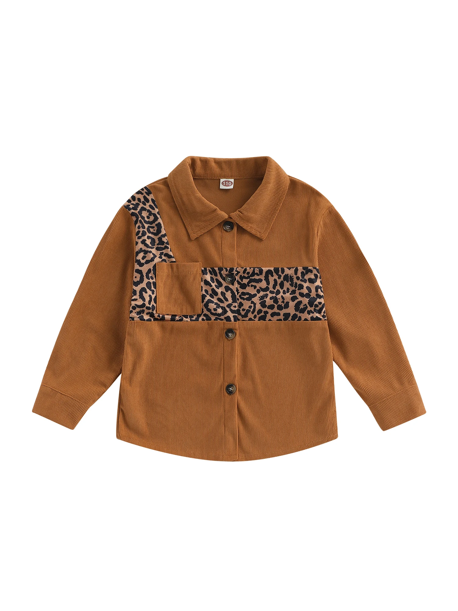 Момичета леопард печат пачуърк дълъг ръкав риза палто ревера бутон затваряне есен пролетта върховете с джобове за деца