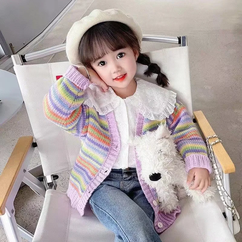 Момичета пуловер вълна палто детски върхове плетене 2023 ивица сгъстяване топла зима есен плюс размер памук жилетка детски дрехи