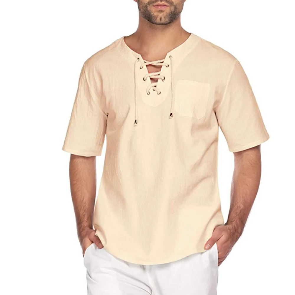 Мъжка ежедневна памучна ленена риза V Neck Solid Lace Up Loose Top Summer Men дишаща модна риза