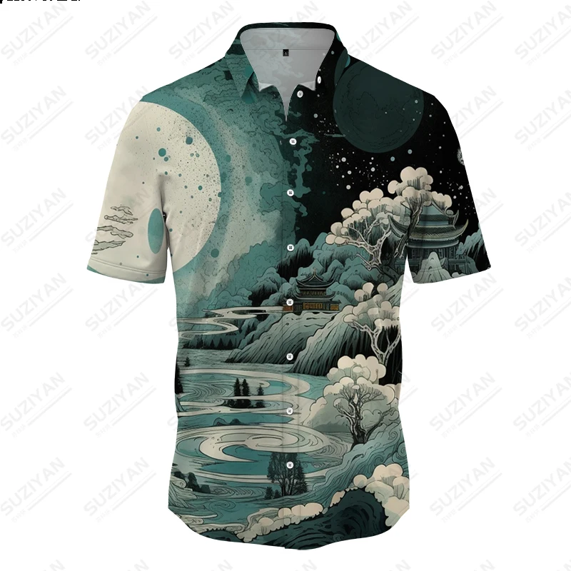 Мъжка извънгабаритна риза Модна бизнес риза Лятна стилна риза Свободна риза Пейзаж Луна 3D печат модел риза