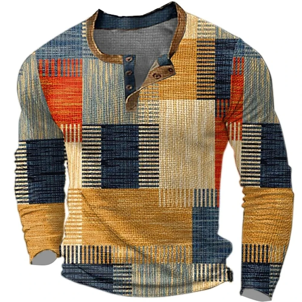 Нов цветен блок пачуърк 3D отпечатани Henley ризи Мъжка мода реколта бутон надолу дълъг ръкав T риза Man Tees върховете облекло
