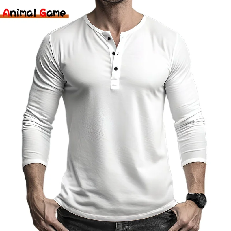 Нова мъжка памучна тениска Henley Neck Fashion Design Slim Loose T-shirts Male Tops Tees Long Sleeve Polo Shirt for Men