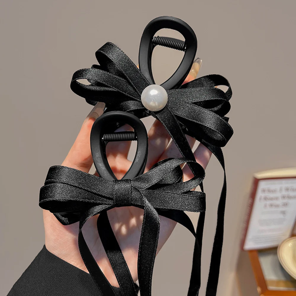 Нова перла Bowknot нокти за коса клипове дълъг стример лък фиби черна панделка щипка за коса половин вързани аксесоари за коса корейски шапки