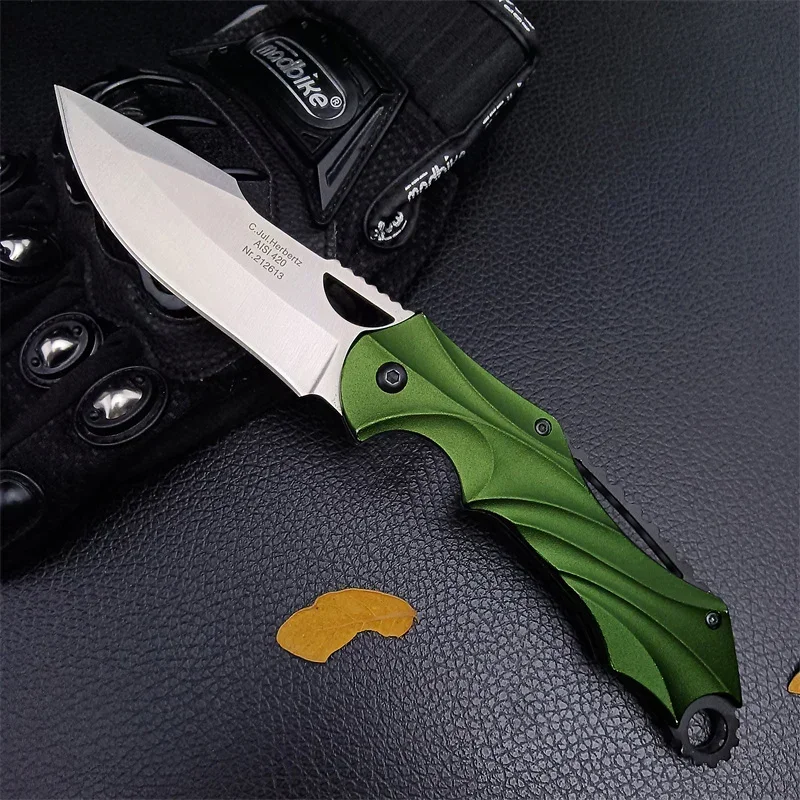 Открит сгъваем джобен нож Открит Wilderness Tactics Нож Зелена алуминиева дръжка Ловна защита EDC нож Коледни подаръци