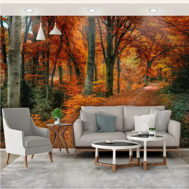 Персонализиран 3D фото тапет Природа Червен кленов горски път Късна есен листа Фон стенописи 3D тапети Начало декор