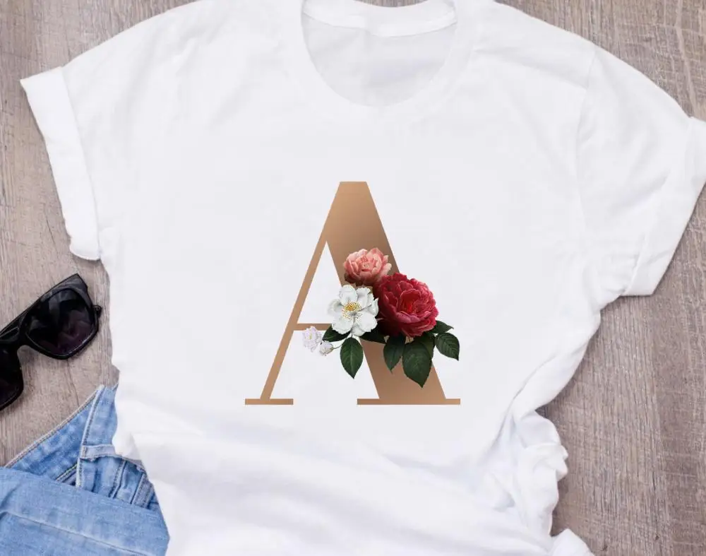 Персонализирана комбинация от букви мода дамски Висококачествена тениска за печат Цвете писмо Шрифт A B C D E F G Къс ръкав