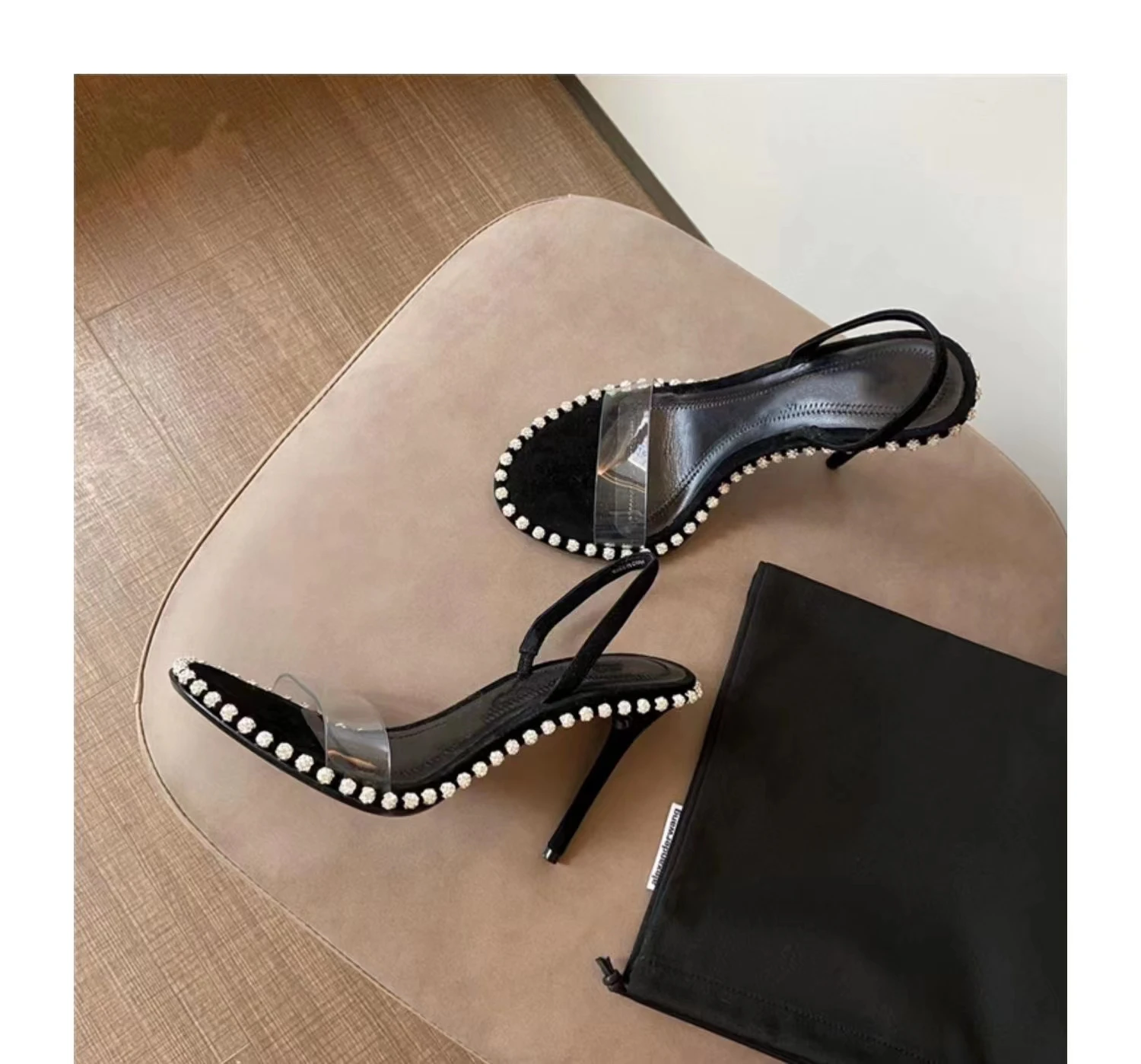 Пролет Нова прозрачна права линия с кристал високи токчета тънки токчета секси сандали на висок ток за жени
