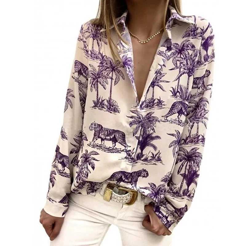 Пролетна мода случайни тигър печат риза жени се намали яка бутон дълъг ръкав кокосово дърво хлабав тениска Blusas De Mujer
