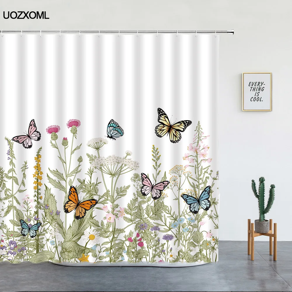 Пролетни цветя душ завеси пеперуда глухарче маргаритка селски растение флорални модерен минималистичен плат баня декор завеса комплект