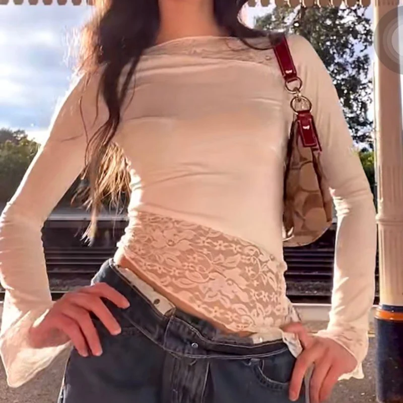 Реколта дантела пачуърк тениска елегантен дама дълъг ръкав нередовни подгъва тройници шик жени фея кокетка Y2K корейски изрязване топ дрехи