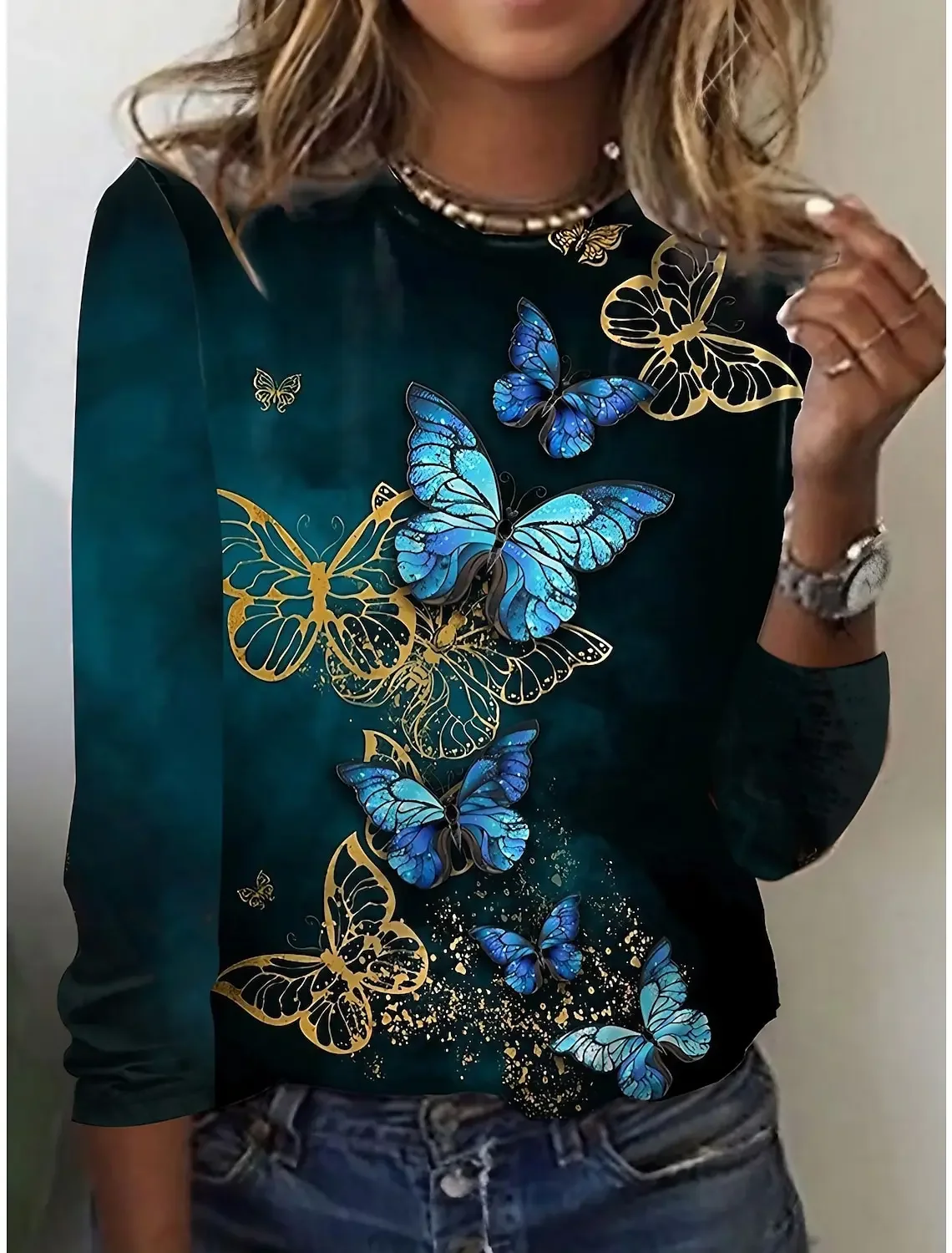 Реколта жените 3d флорални пеперуда печат дълъг ръкав тениска суитчър 2023 есенна мода случайни Harajuku женски върхове тениски