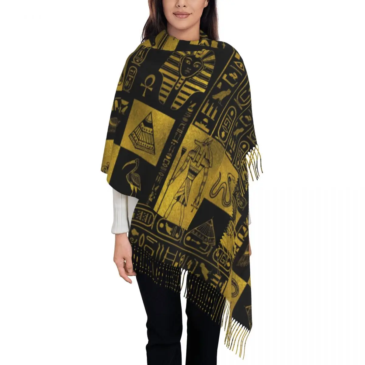Ретро египетски златни йероглифи и символи колаж шал обвивка дълга зима есен топло пискюл шал Египет йероглифни шалове