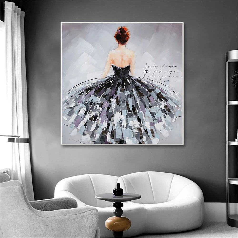 Ръчно рисувана балерина маслена живопис модерна бяла черна стена изкуство танци жени нож живопис с маслени бои за хол студио декор