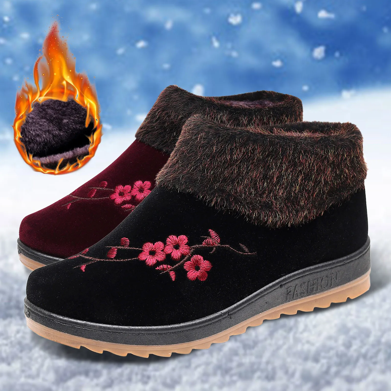Сгъстяване на зимата жени сняг ботуши дебели подметки без хлъзгане кръг пръсти велур цветя бродерия ботуши реколта топло открит дамски обувки