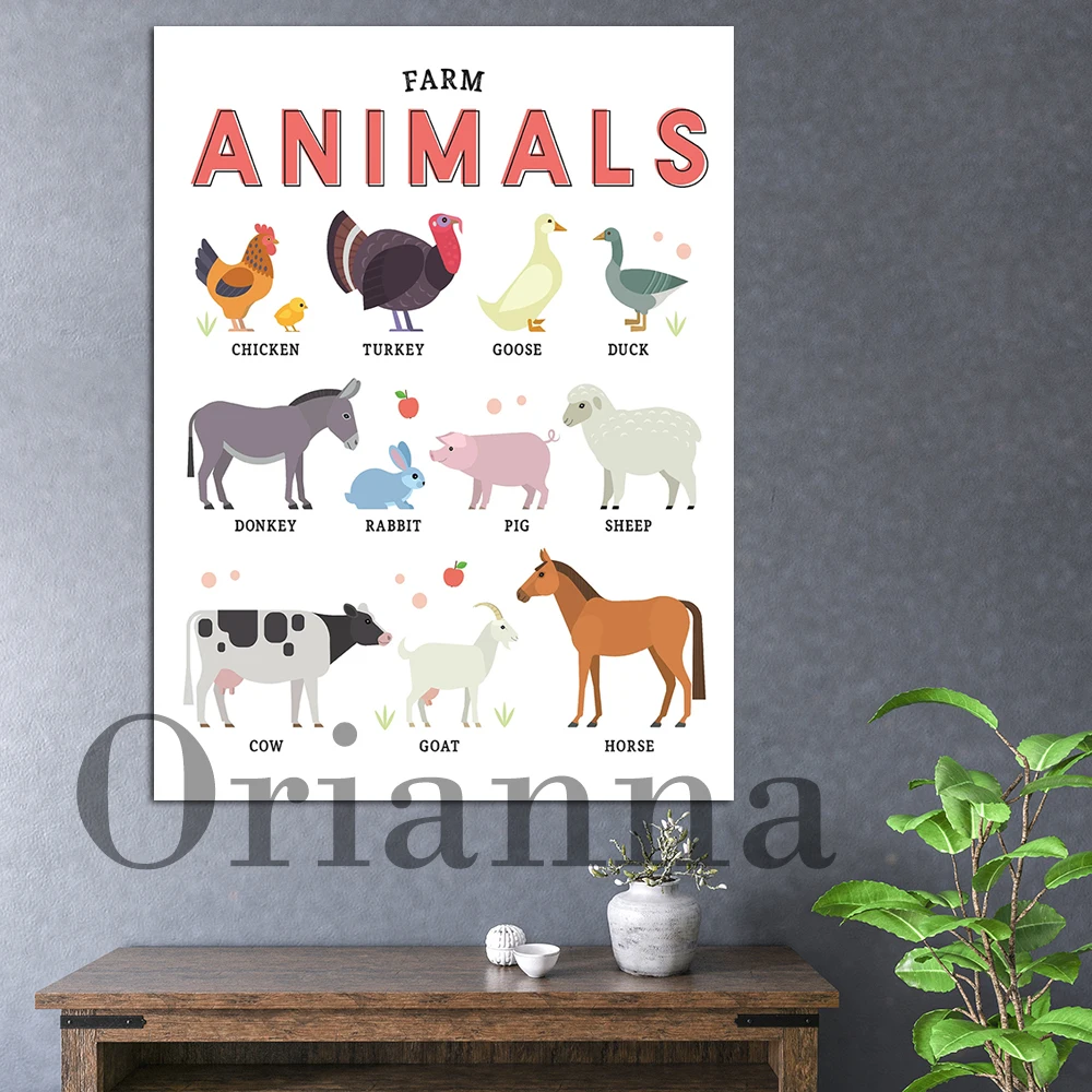 Селскостопански животни образование печат плакат кон крава прасе класна стая стена изкуство платно живопис модерен дом декор подарък