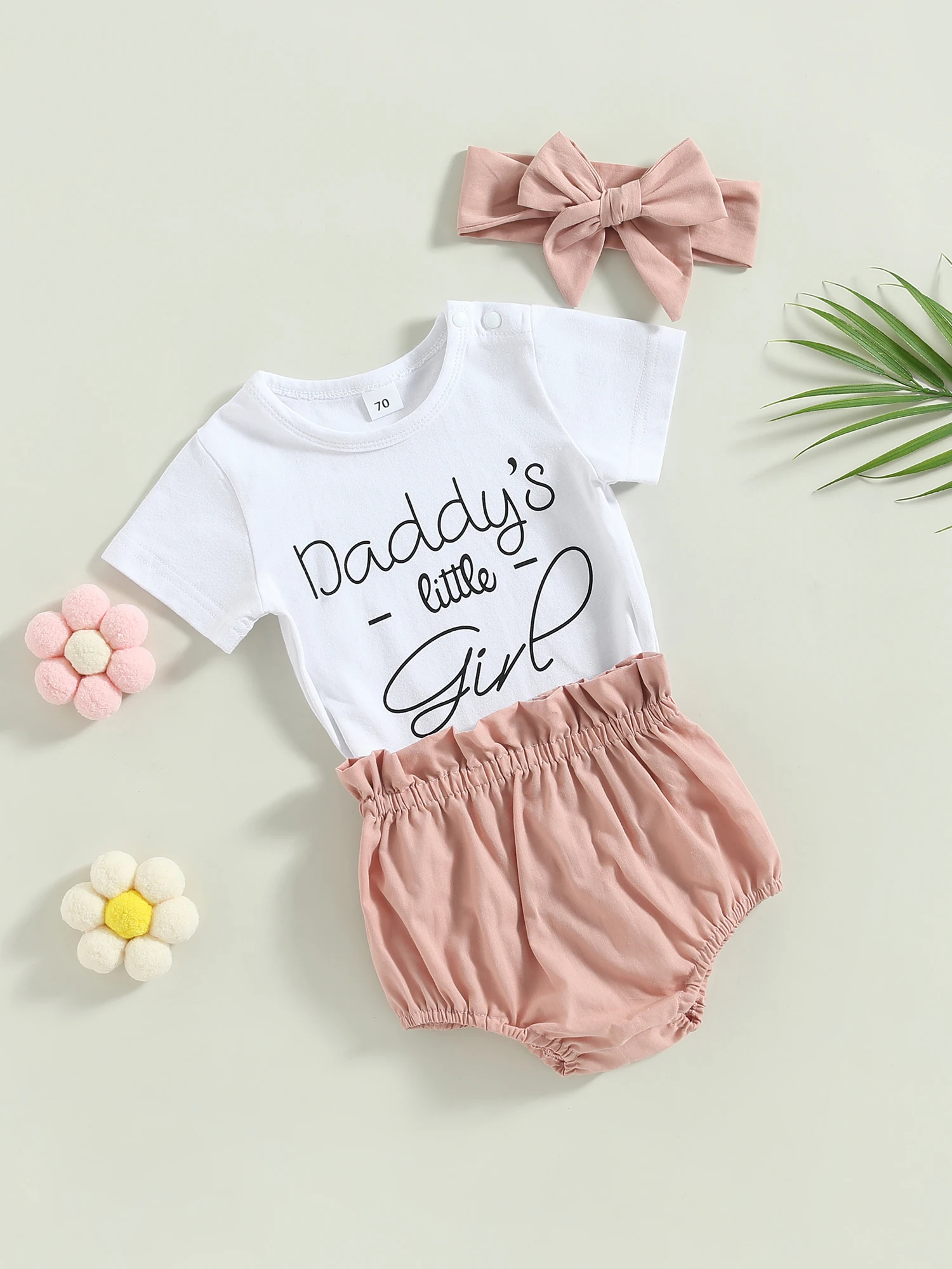 Сладък и удобен Baby Girl Summer Outfit Set Очарователни къси панталони с къс ръкав Комплект 3Pcs Перфектен за празника на Деня на бащата