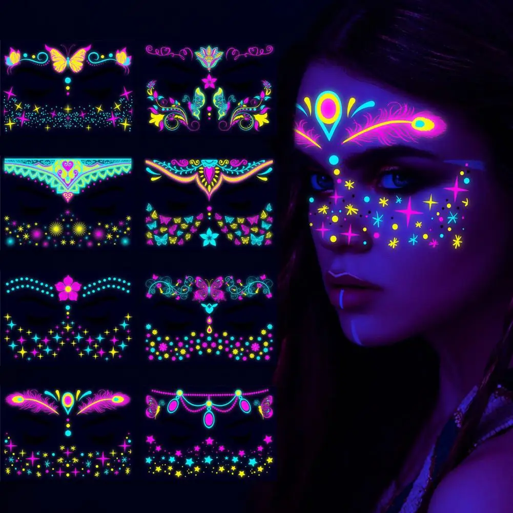 Стикери за татуировка на лицето Жив музикален фестивал Пеперуда Неонови татуировка стикери с водоустойчиви флуоресцентни светлинни ефекти за лице