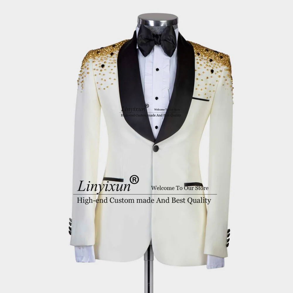 Стилен бродирани златни бижута Tuxedos мъже костюми 3 броя шал ревера младоженец сватба мъжки костюм блейзъри панталони облекло