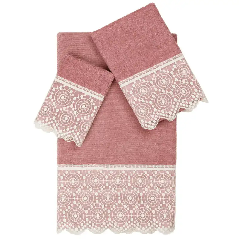 Традиционен/съвременен 3 парче турски памук ариански крем дантела украсени кърпа за баня комплект, розово розово
