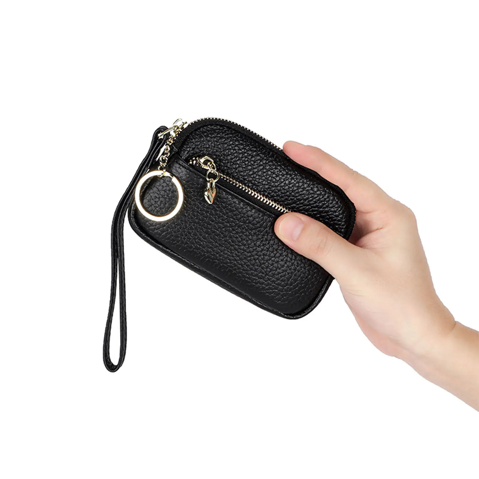 Тънък портфейл за жени естествена кожа притежателя на кредитна карта с ключодържател мини прост цип монета джоб мъжки къса чанта
