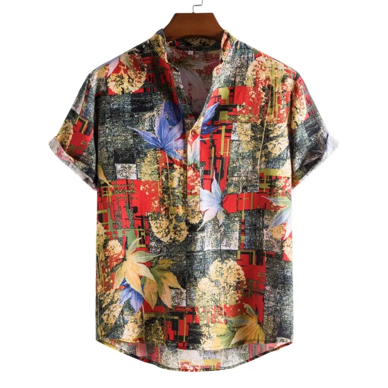 Улично облекло Свободна мъжка риза Памучен печат Облекло с къс ръкав Мъжко облекло
