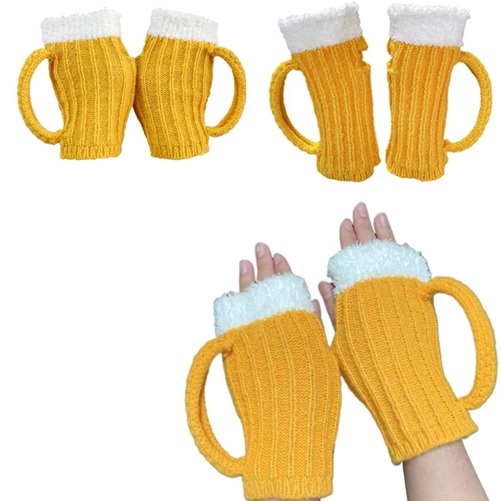 унисекс 3D бира чаша ръкавици нова вълнена прежда плетене топли топли ръкавици жълт половин пръст бира стъклени ръкавици есен и зима