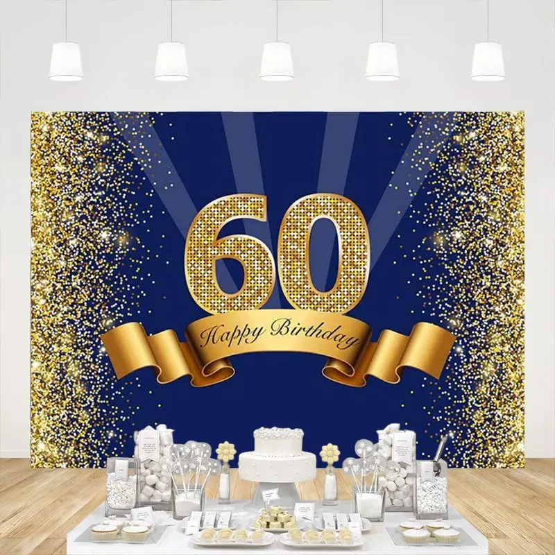Честит 60-ти рожден ден фон мъже флот синьо блясък злато шестдесет години фон лъскав 60 годишнина парти декорация фото подпори