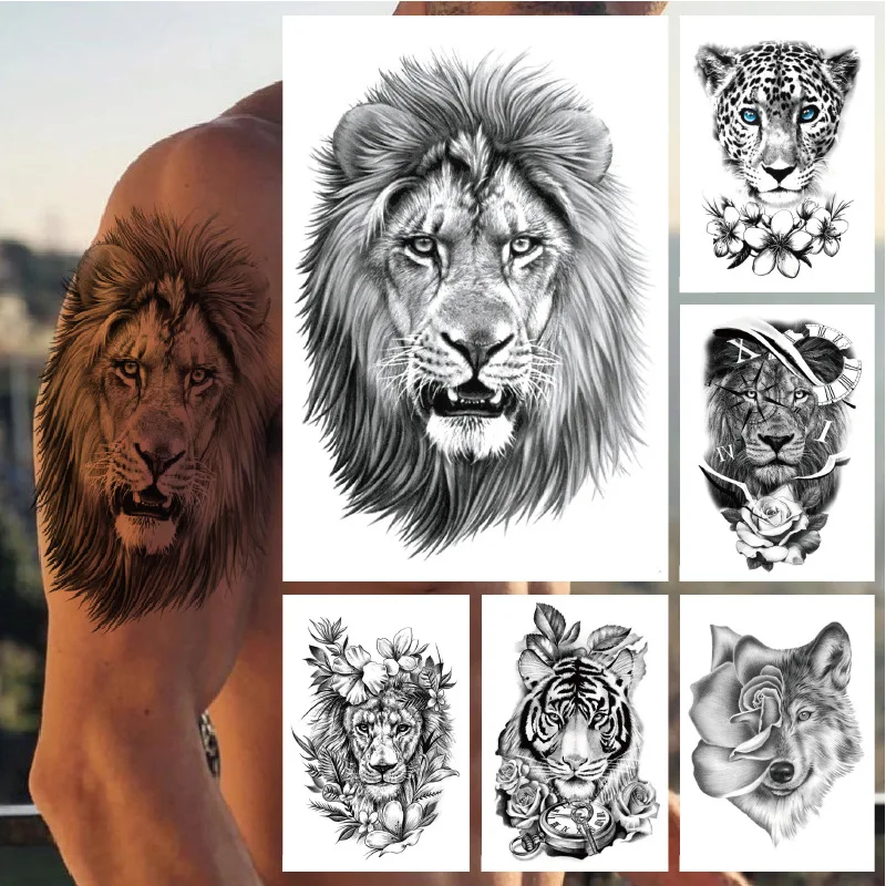 Animal Half Arm Временни стикери за татуировки Lion Tiger Leopard Wolf Head Water Transfer Fake Tattoo Body Art Decals