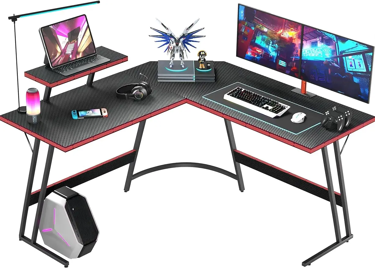 L оформено игрално бюро, 51-инчова компютърна ъглова маса с голяма стойка за монитор & повърхност от въглеродни влакна, черна
