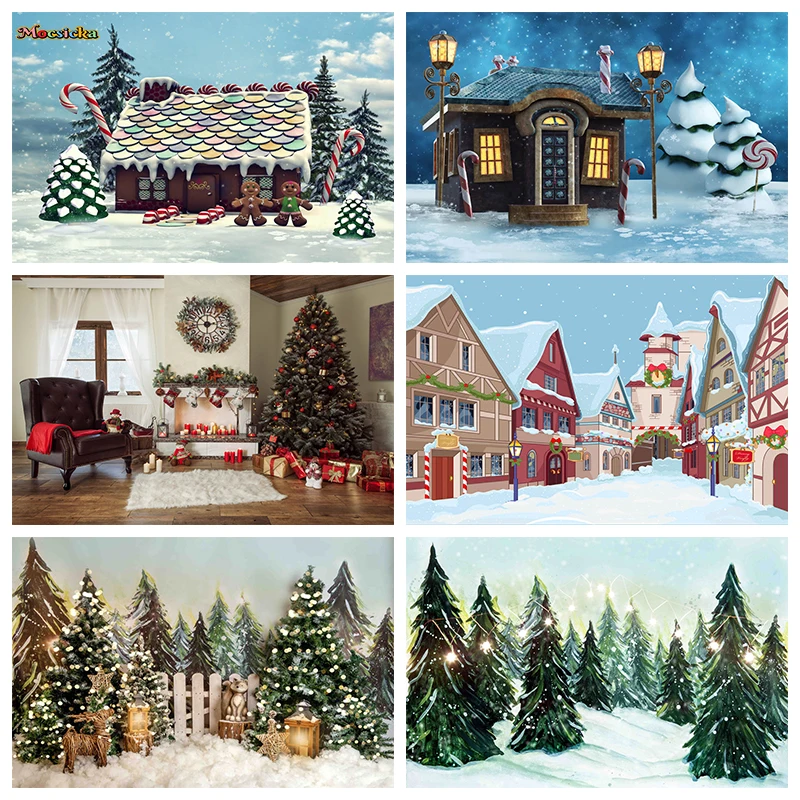 Mocsicka Зимна коледна украса Фон Коледа дърво къща сняг празник парти подпори снимки фон студио фотокабина