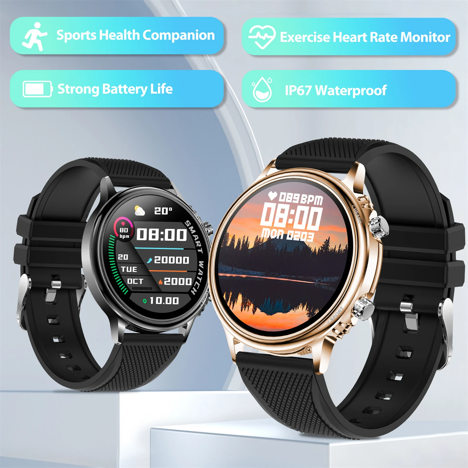 Sports Smart Watch Мъже Жени Силен живот на батерията Интелигентно напомняне Гледайте IP67 Водоустойчиво кръвно налягане Здраве Mangement Ръчен часовник